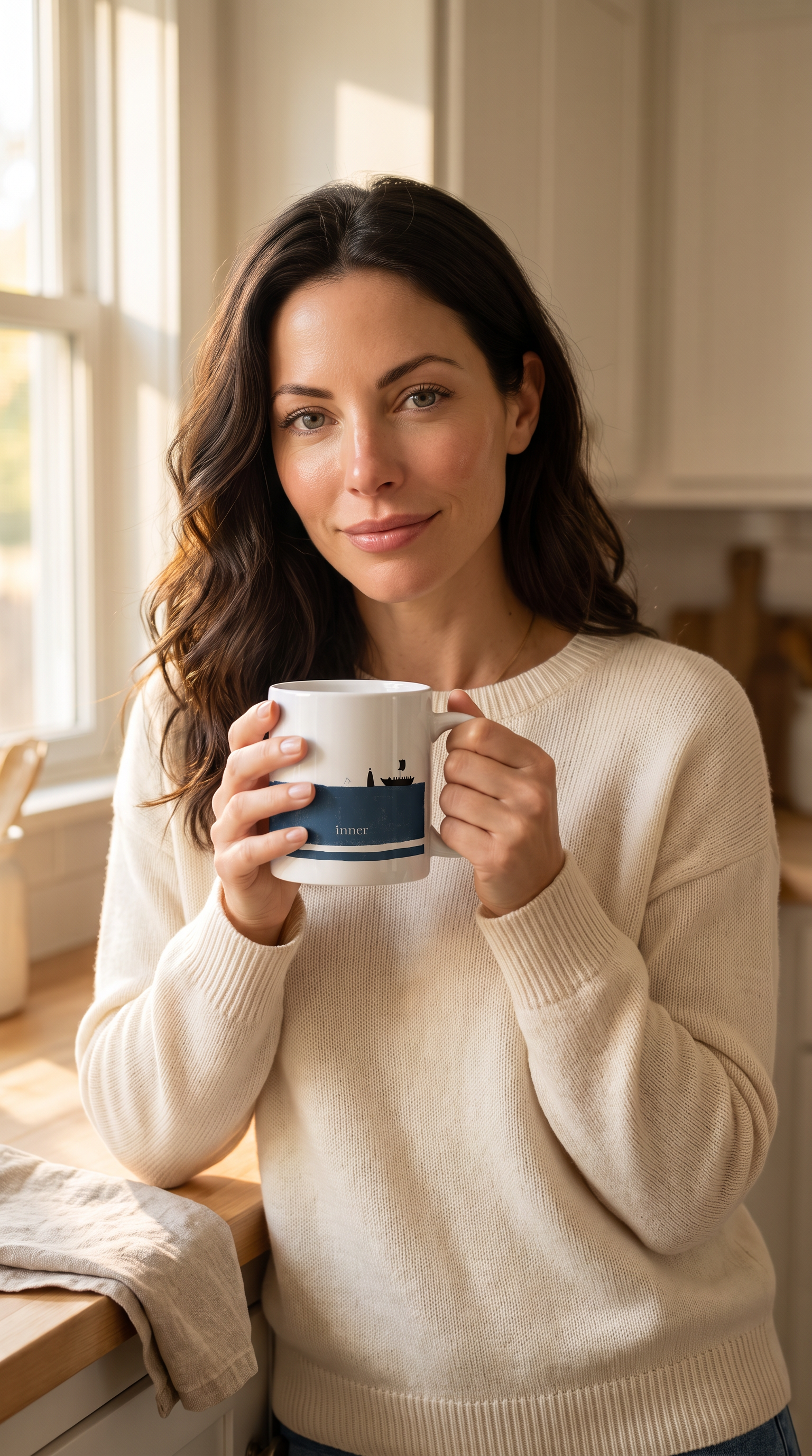 Christine wearing/using Mug Calm Crossing