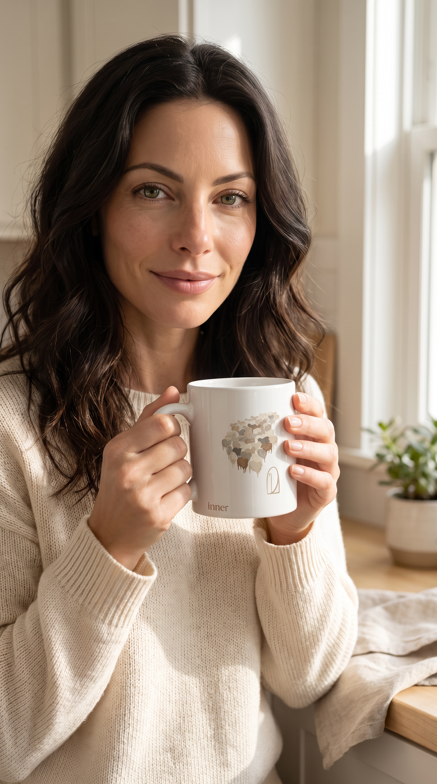 Christine wearing/using Gathered Flock Mug